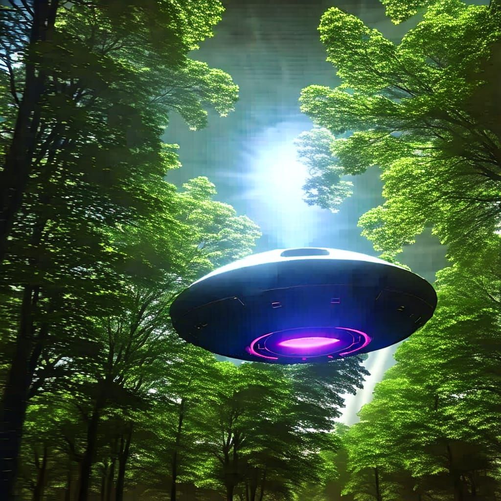 Alien Spaceship Flying Above Trees in 3D