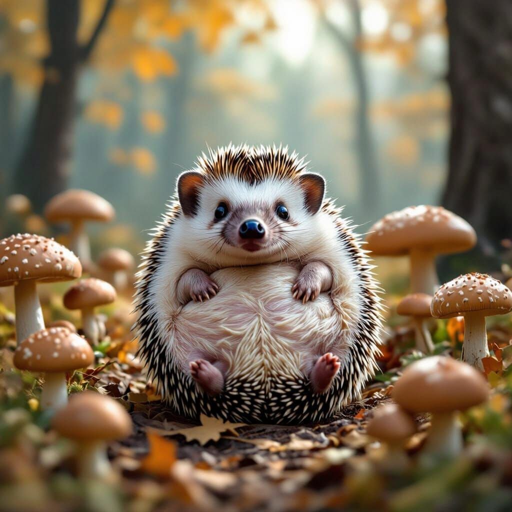 Hedgehog Rolling in Mushroom Forest
