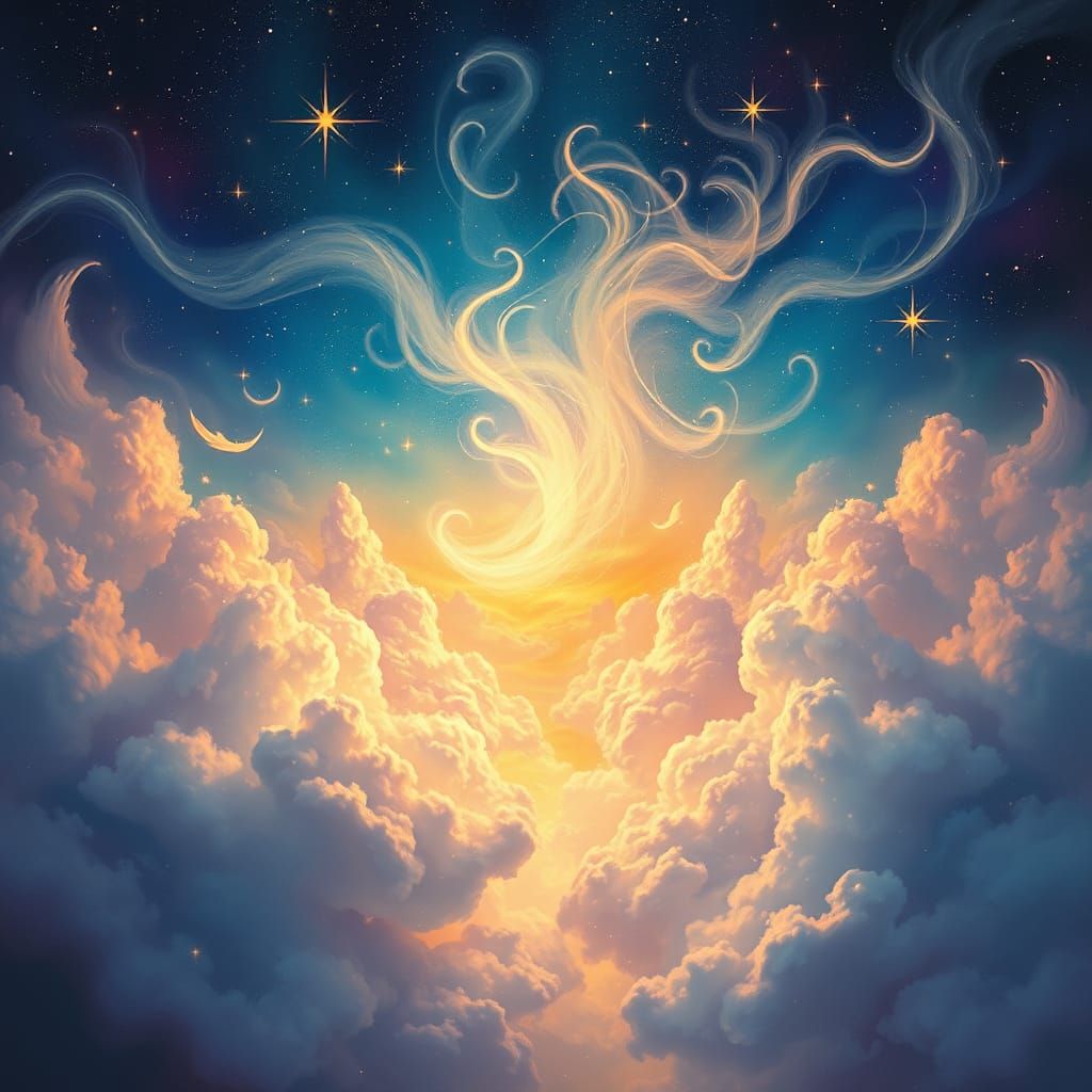 Surreal Dreamscape with Ethereal Clouds and Shimmering Stard...