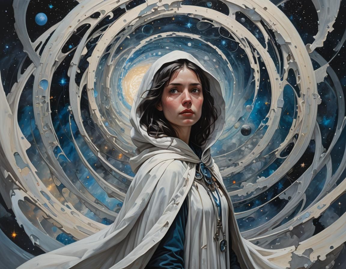 Surreal Lady in Cosmic Vortex, Oil Painting