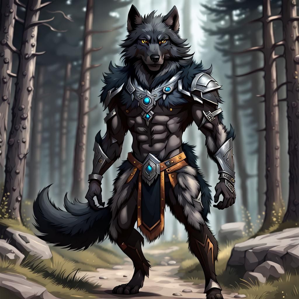 Furry Black Wolf Warrior in Humanoid Form