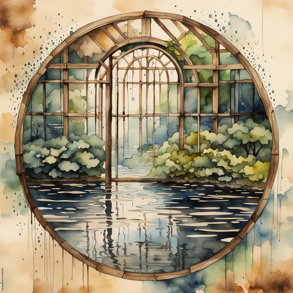 Rainy Garden Through Wooden Portal, Watercolor Style