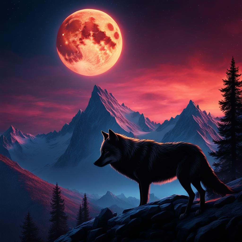 Wolf Silhouette on Mountain, Detailed Matte Painting