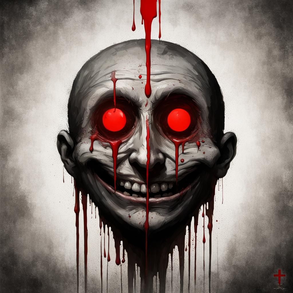 Decaying Smiley Face with Red Plus Sign, Grim Horror Art