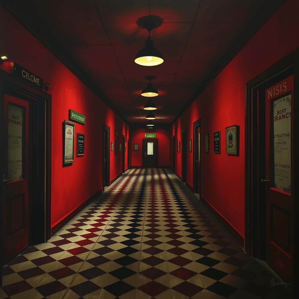 Moody Film Noir Detective Agency Corridor in Deep Crimson