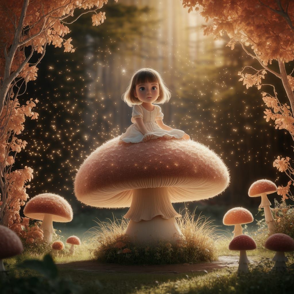 Girl on Giant Fluffy Mushroom in Monet Style
