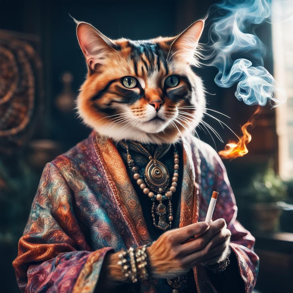 Calico Cat Person in Cosmic Bohemian Style