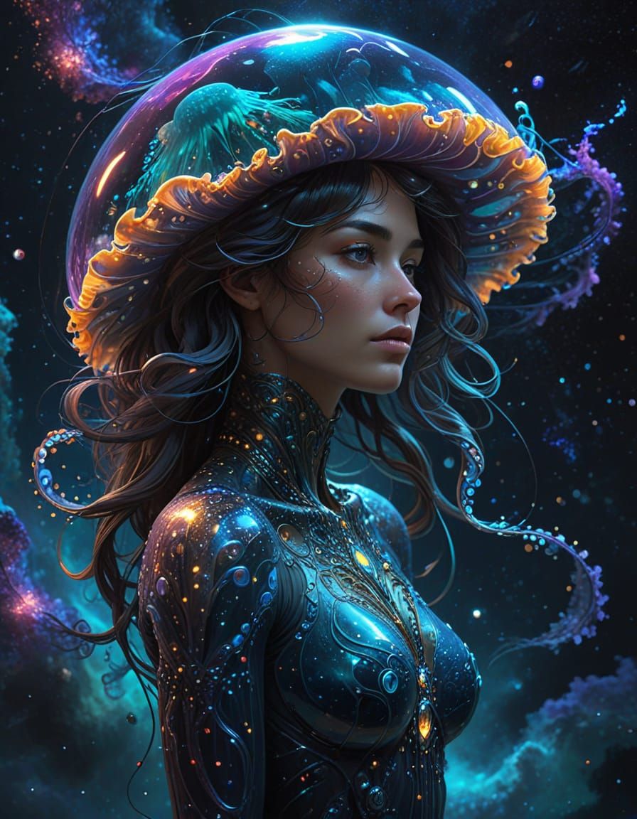 Bioluminescent Jellyfish Goddess in Cosmos: Art Nouveau