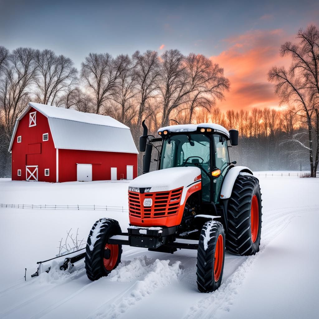 Winter's Embrace: Red Barn and Tractor in Snow