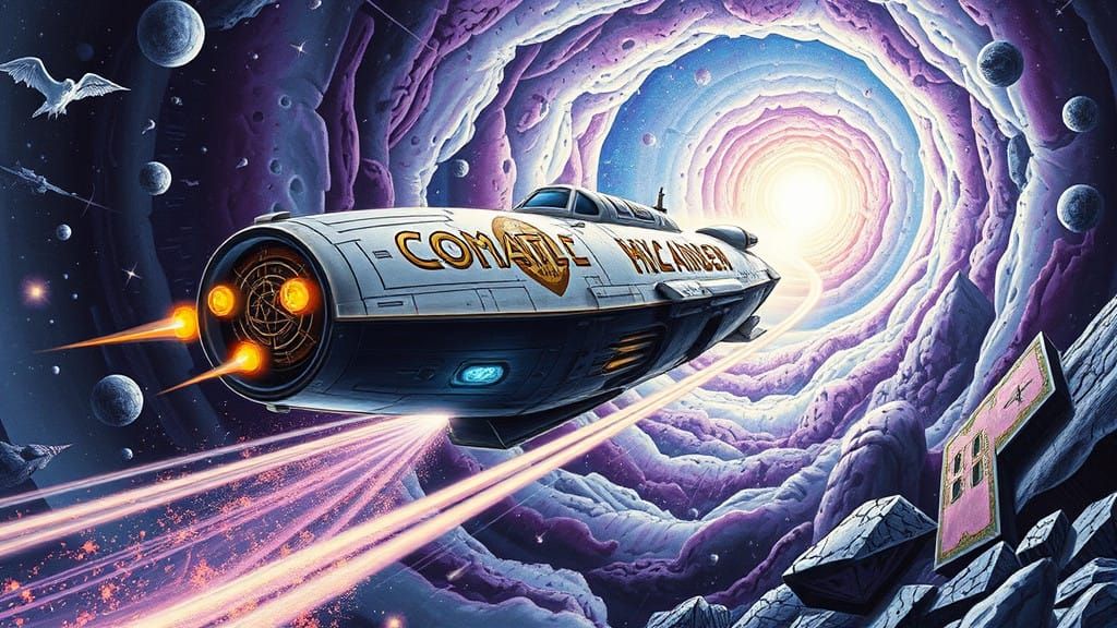 Cosmic Spacecraft Speeds Through Wormhole in Heavy Metal Art