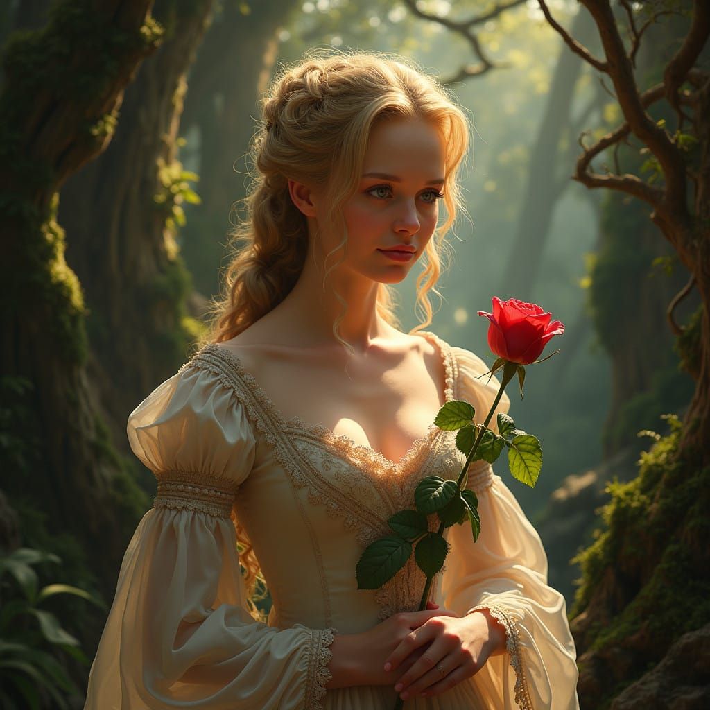 Regency-Era Goddess in Mystical Forest, Vivid Realism, Golde...