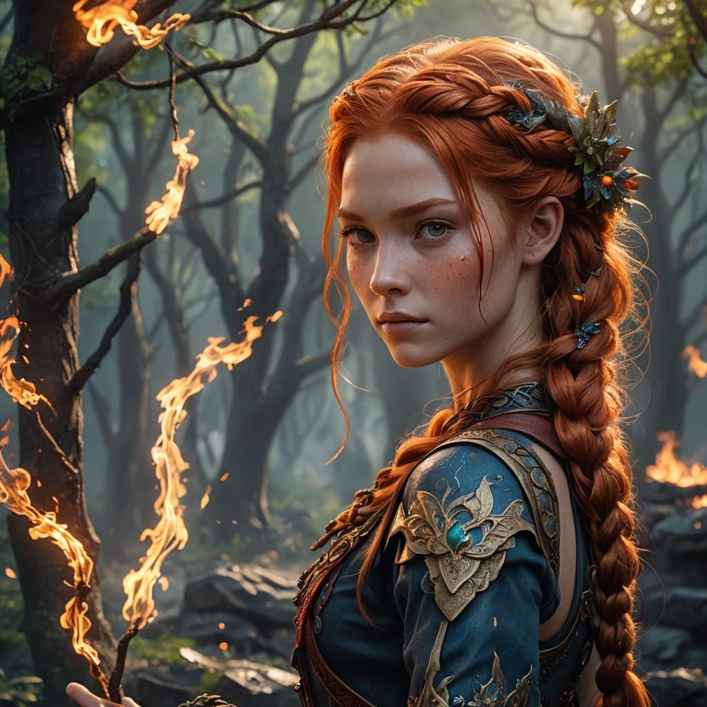 Fire Fairy with Braided Ginger Hair: Fantasy Concept Art
