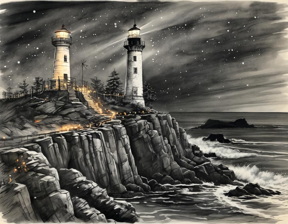 Festive Lighthouse Shines in Winter Sea: Ink Drawing