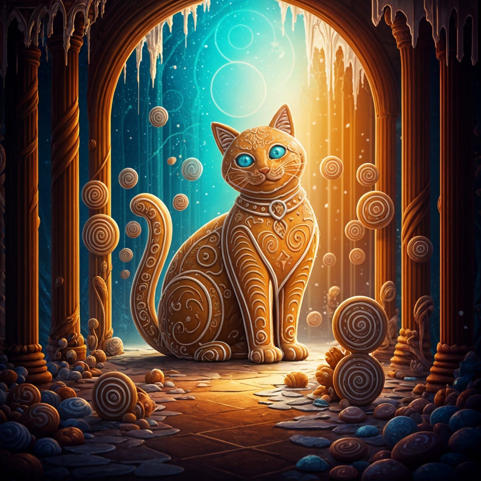 Vibrant Gingerbread Cats in Whimsical Fantasy Scene