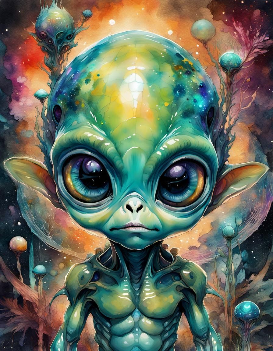 Adorable Alien Hatchling in Watercolor Fantasy Art