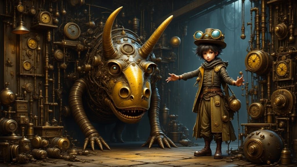 Steampunk Inventor and Mechanical Dinosaur