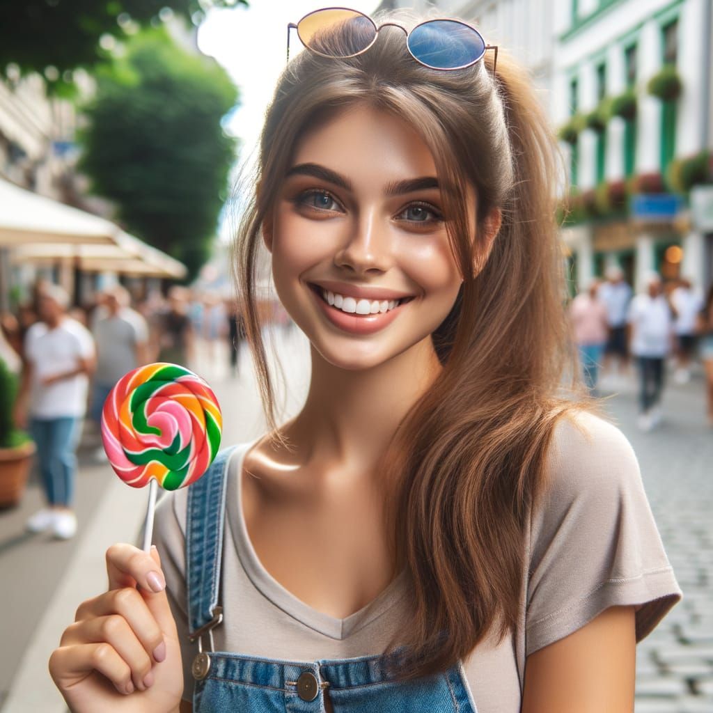 A young woman licking a lollipop