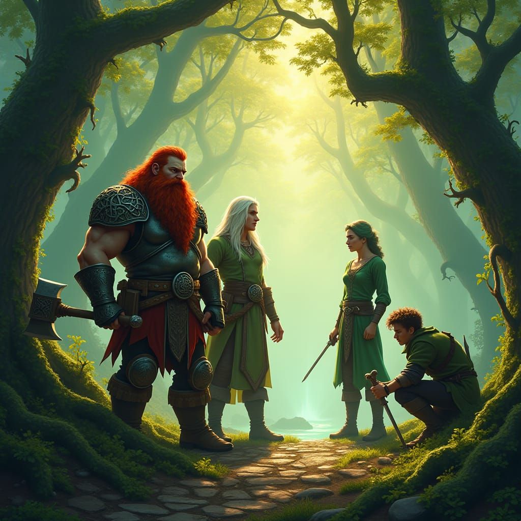 Fantasy Forest Landscape with Dwarf, Elf and Human Adventure...