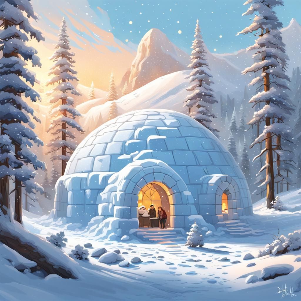 Yeti Couple Constructing Igloo in Winter Forest