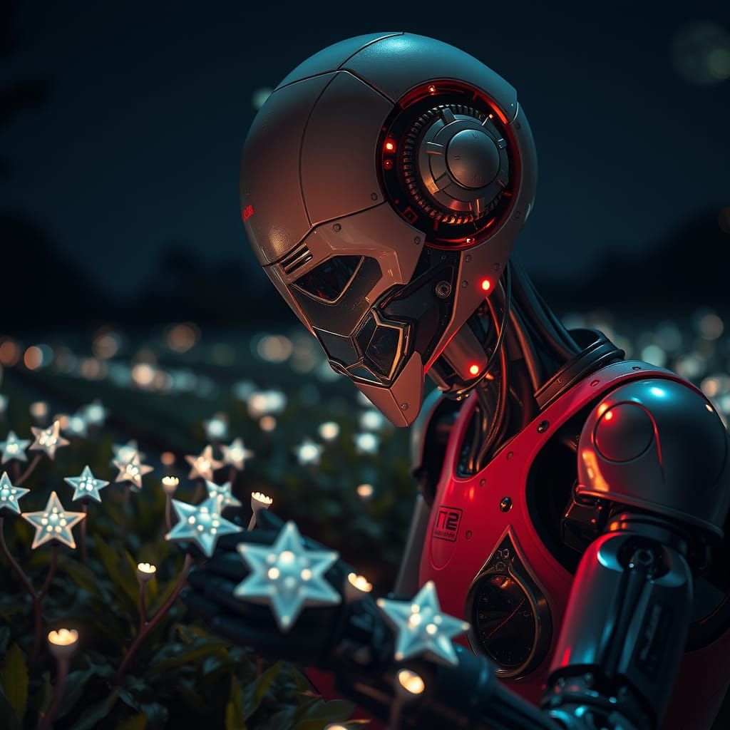 Moonlight Gardener Robot Tending Star Flowers