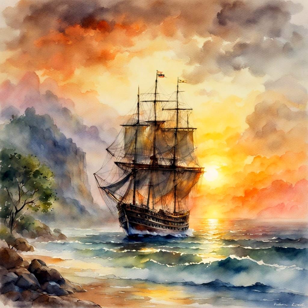 Ethereal Sunset at Sea in Watercolor Style