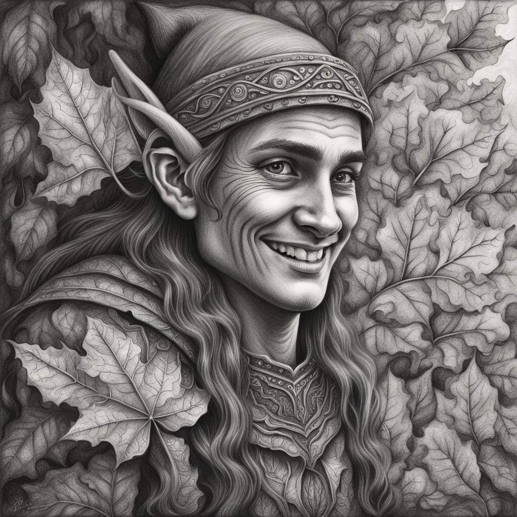 Smiling Wood Elf with Leaf: Charcoal Drawing