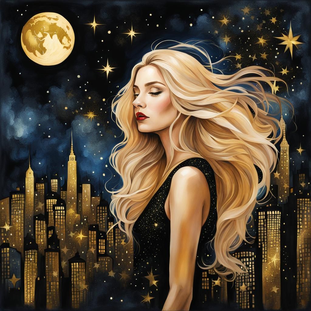 Ethereal Blonde in Moonlit City: Watercolor Art