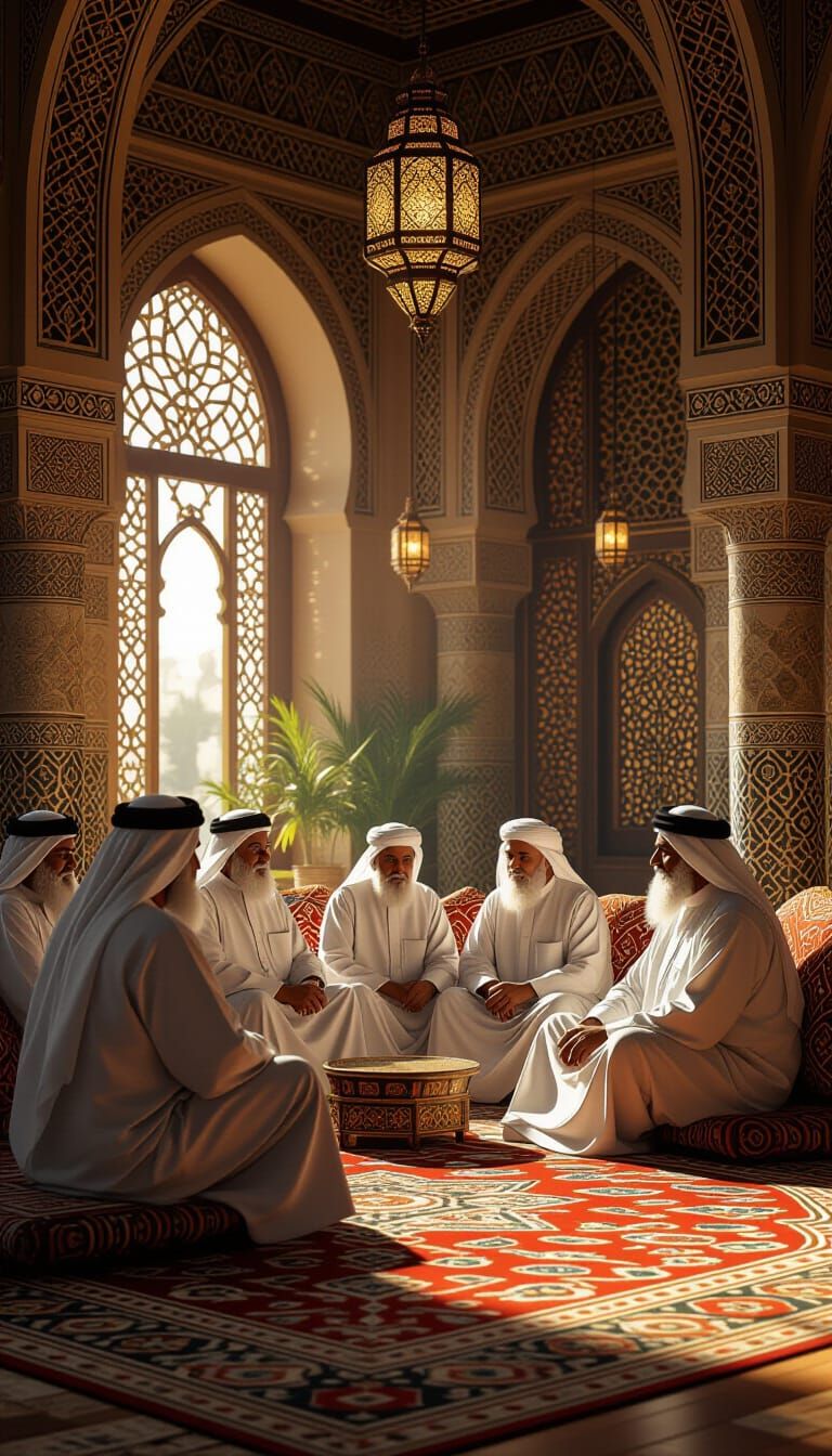 Arab Elders Gather in Majlis: 3D Islamic Art