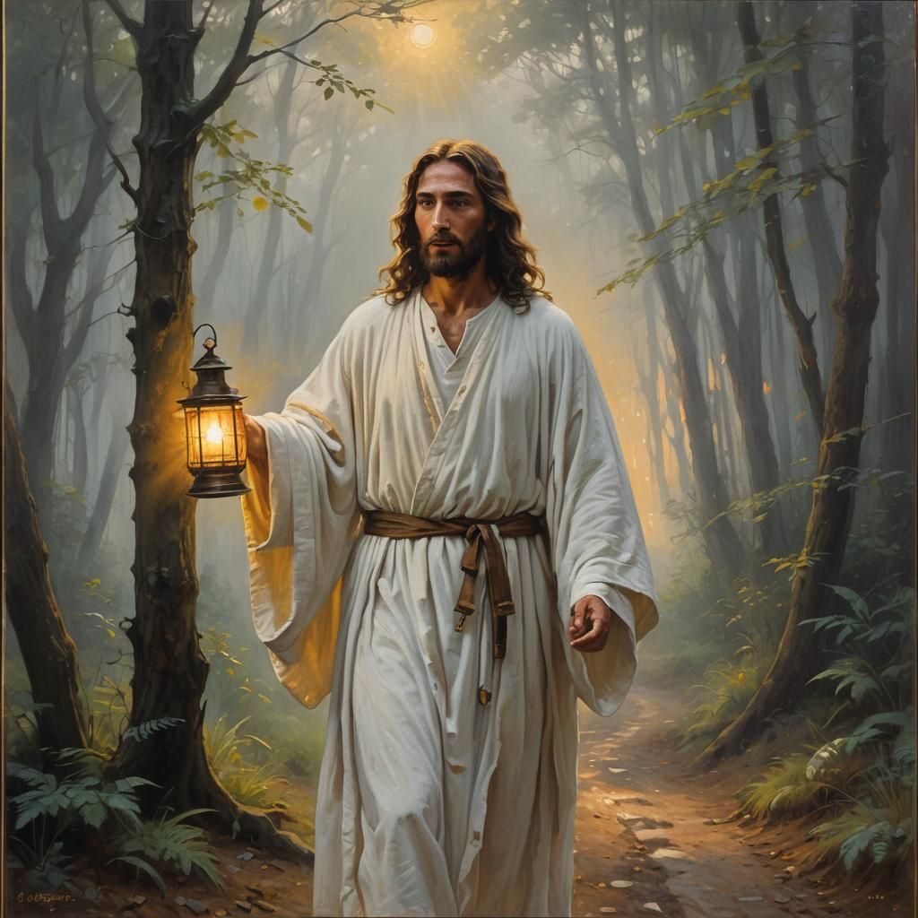 Jesus in Misty Forest: Impressionist Oil Painting