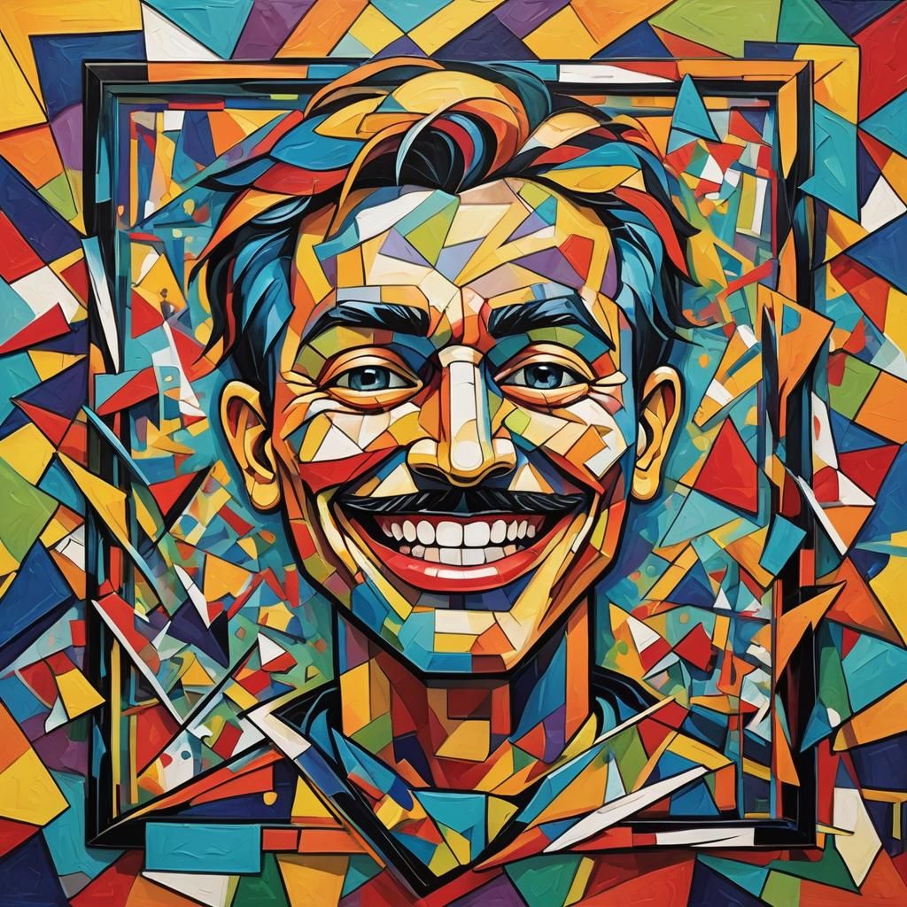 Colorful Cubist Emoji Man in Geometric Space