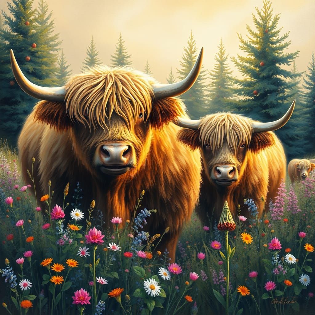 Festive Highland Cows in Holiday Meadow