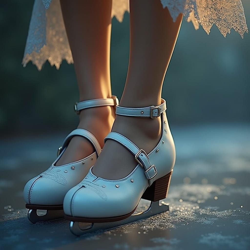 Woman in White Mary Jane Ice Skates on Shimmering Ice