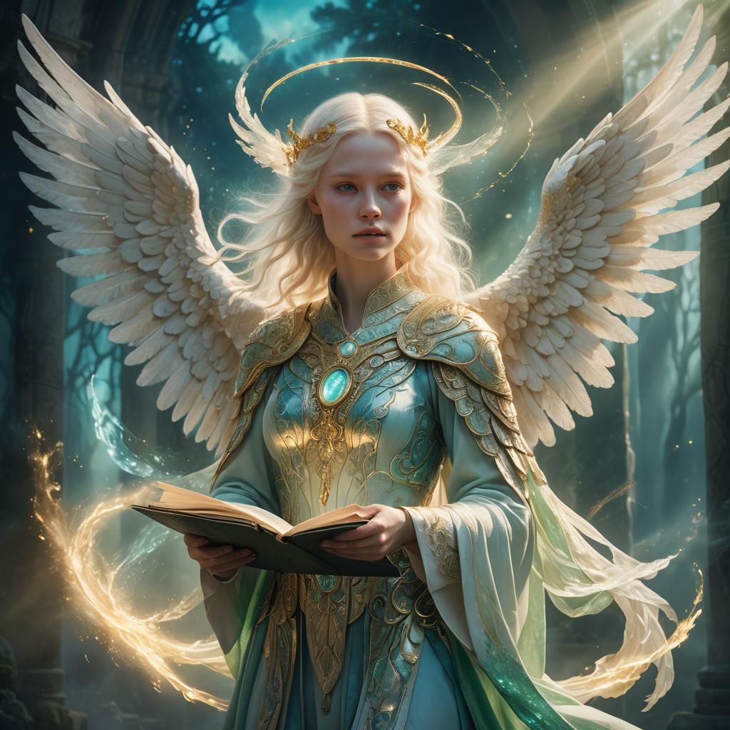 Albino Angel With Magic Scroll in Astral Realm