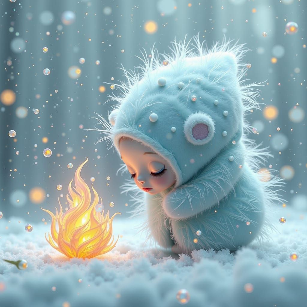 Fluffy Snowflake Meets Shy Flame in Whimsical Art Style