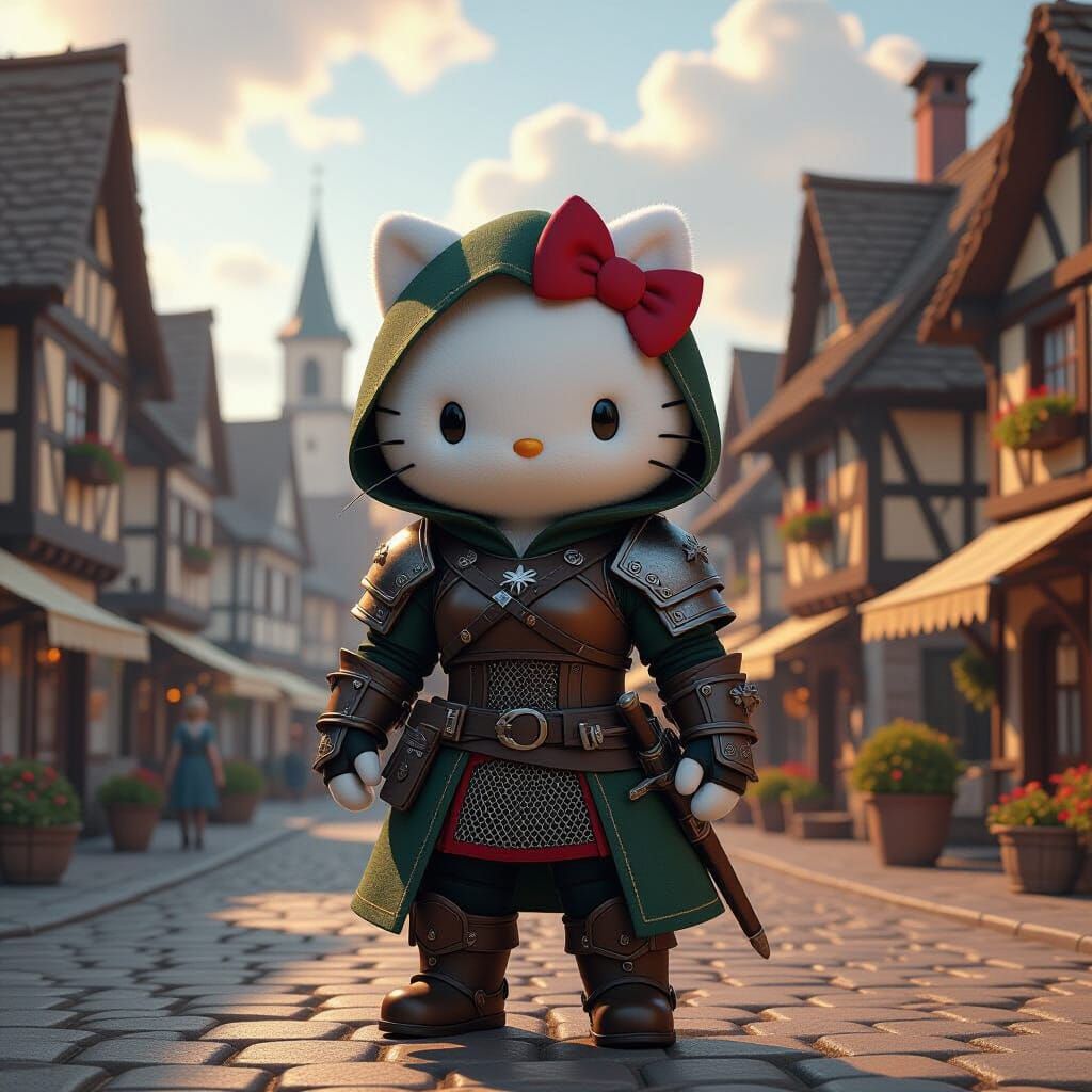 Hello Kitty as Witcher in Medieval Town