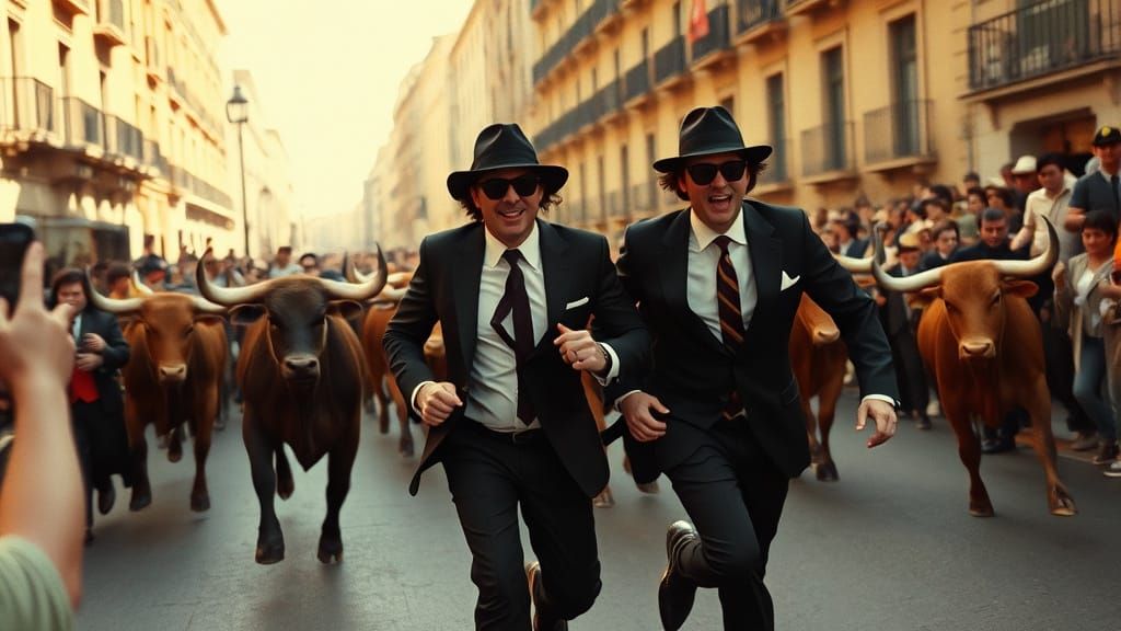 Blues Brothers Run With Bulls in Pamplona