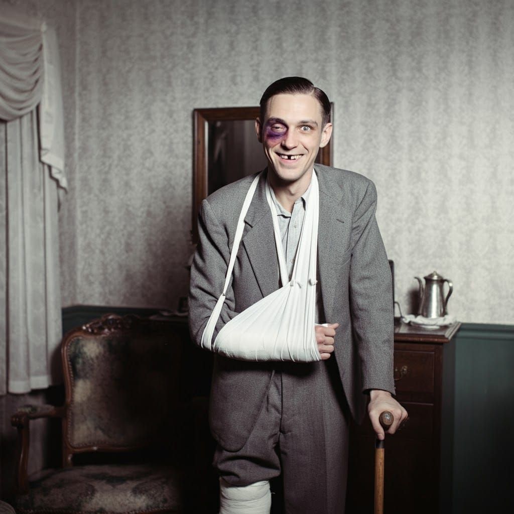 Injured Man in 1940s Parlor: Aged Photo
