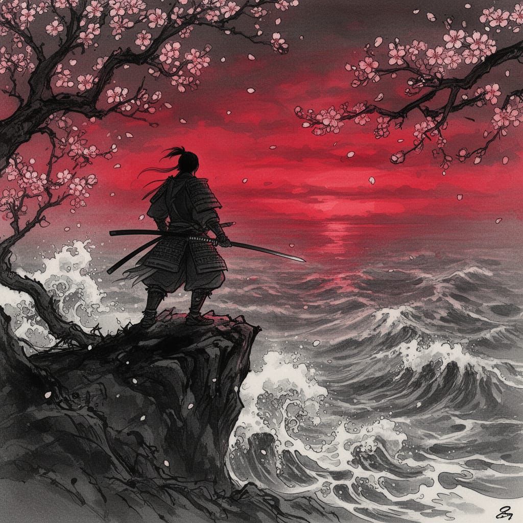Samurai Silhouette at Sunset Over Stormy Sea
