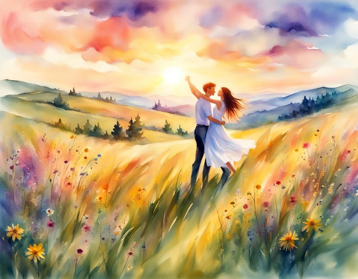Lovers Dancing in Summer Landscape Watercolor
