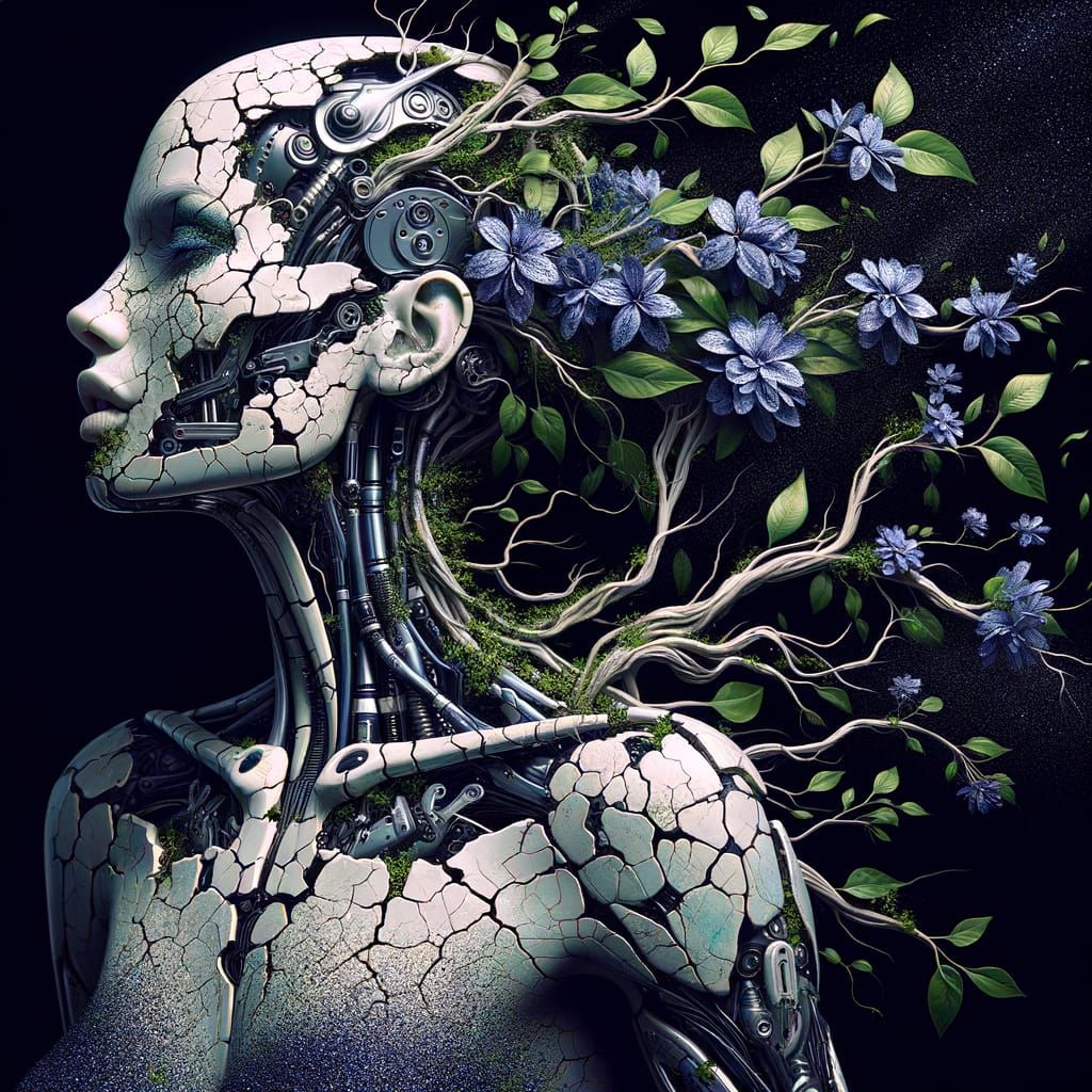 Biomechanical Woman: Cracked Porcelain Skin with Indigo Flow...
