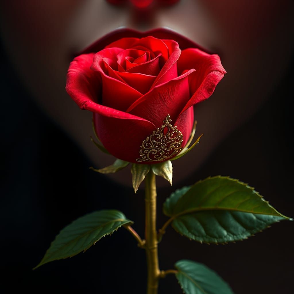 Crimson Rose with Golden Filigree in Fantasy Style