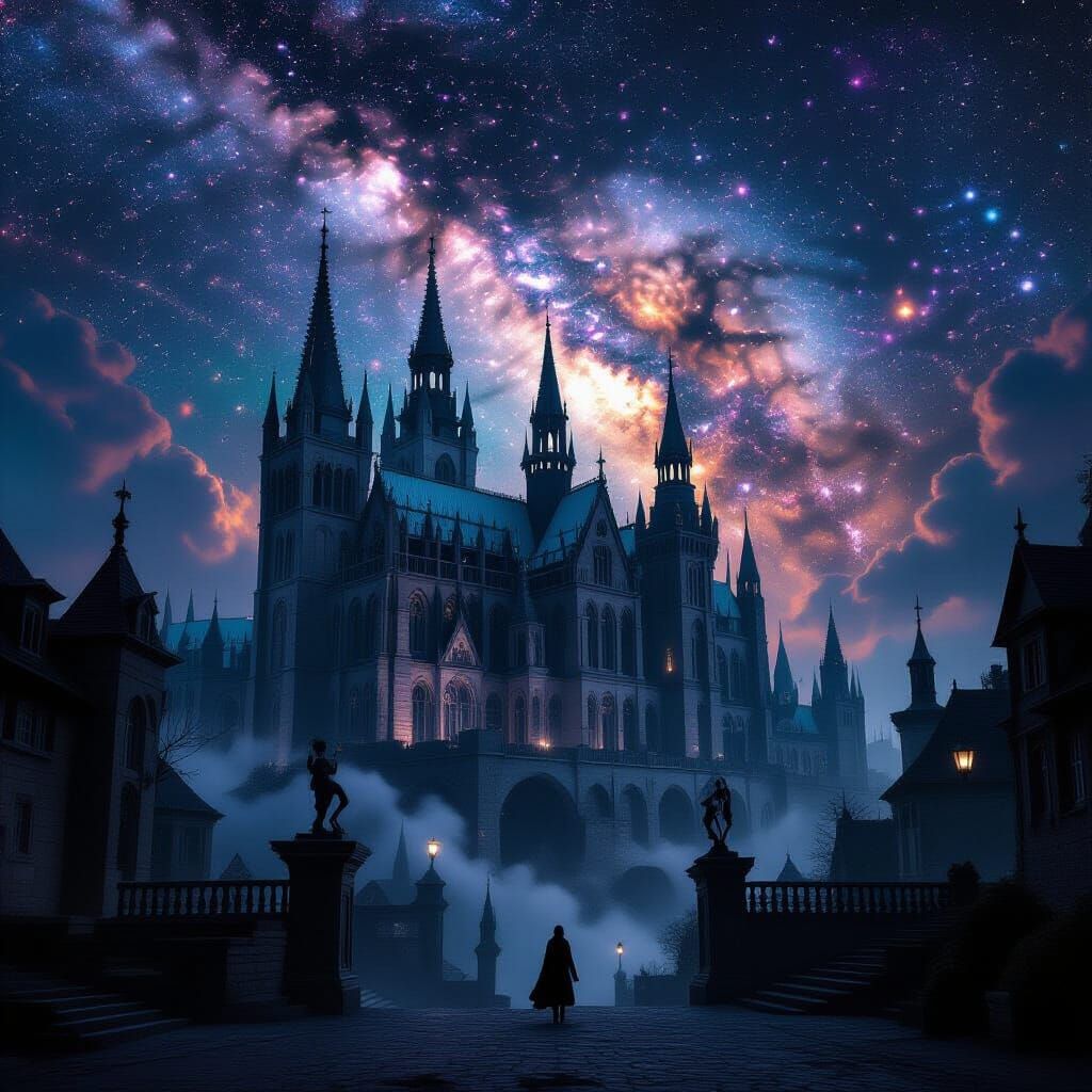 Gothic Ghost City Blends Neuschwanstein Castle Under Nebula ...