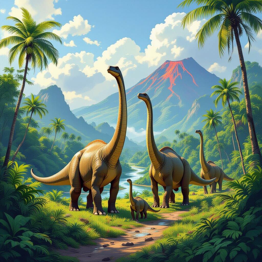 Brontosauruses Roam a Prehistoric Jungle: Digital Painting