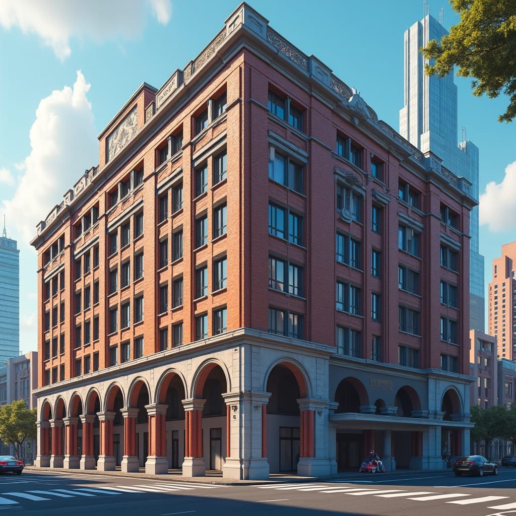 Modern Brick Hospital with Arched Colonnade in Urban Setting