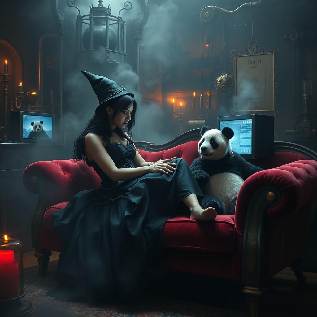 Steampunk Witch Gaming with Panda Companion