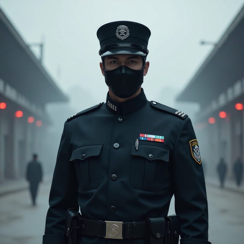 Dystopian Squid Game Guard in Dark Arena