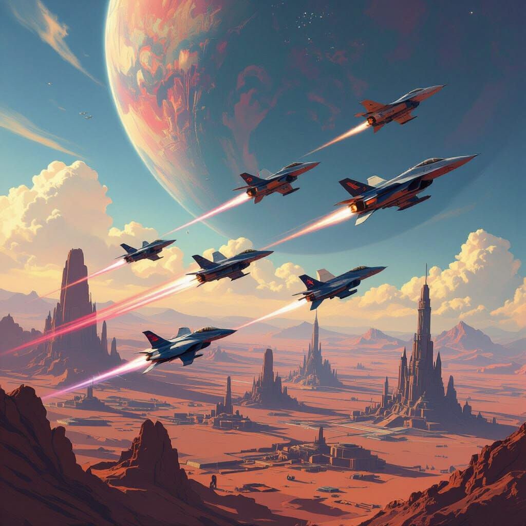 Futuristic Jets Over Alien Planet in Sci-Fi Style
