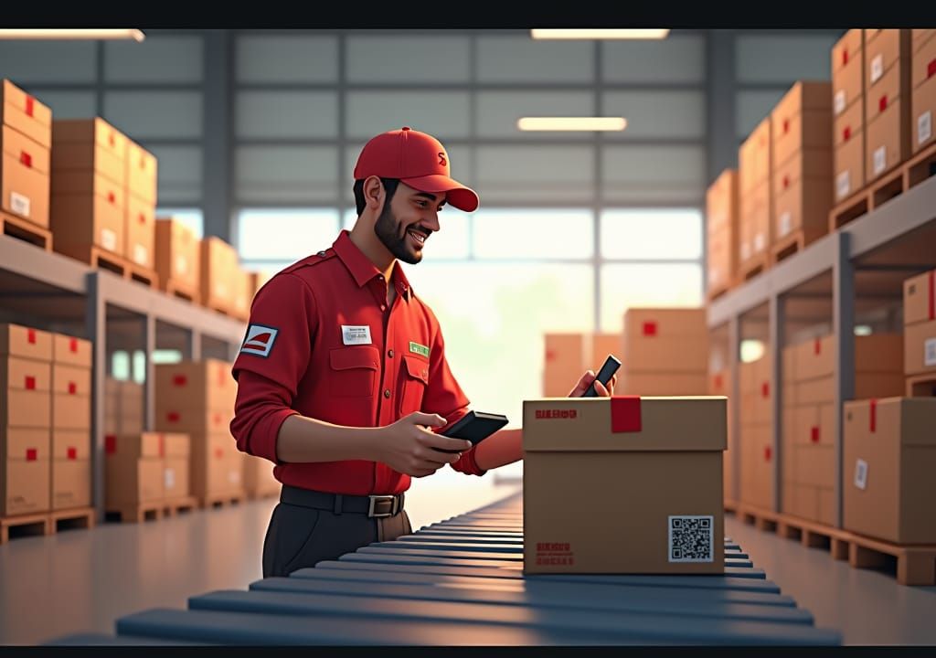 Smiling Postal Worker in a Vibrant Warehouse