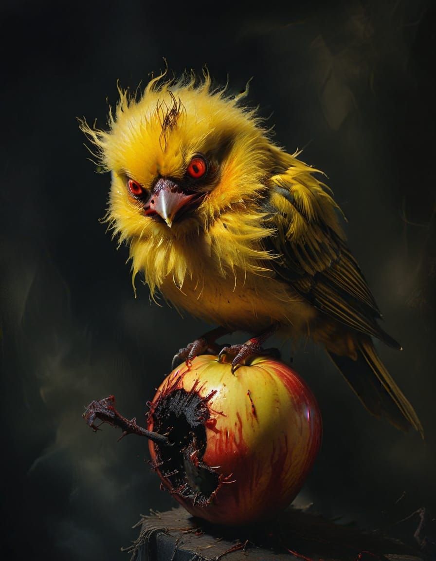 Creepy Canary with Fangs on Apple in Gothic Style