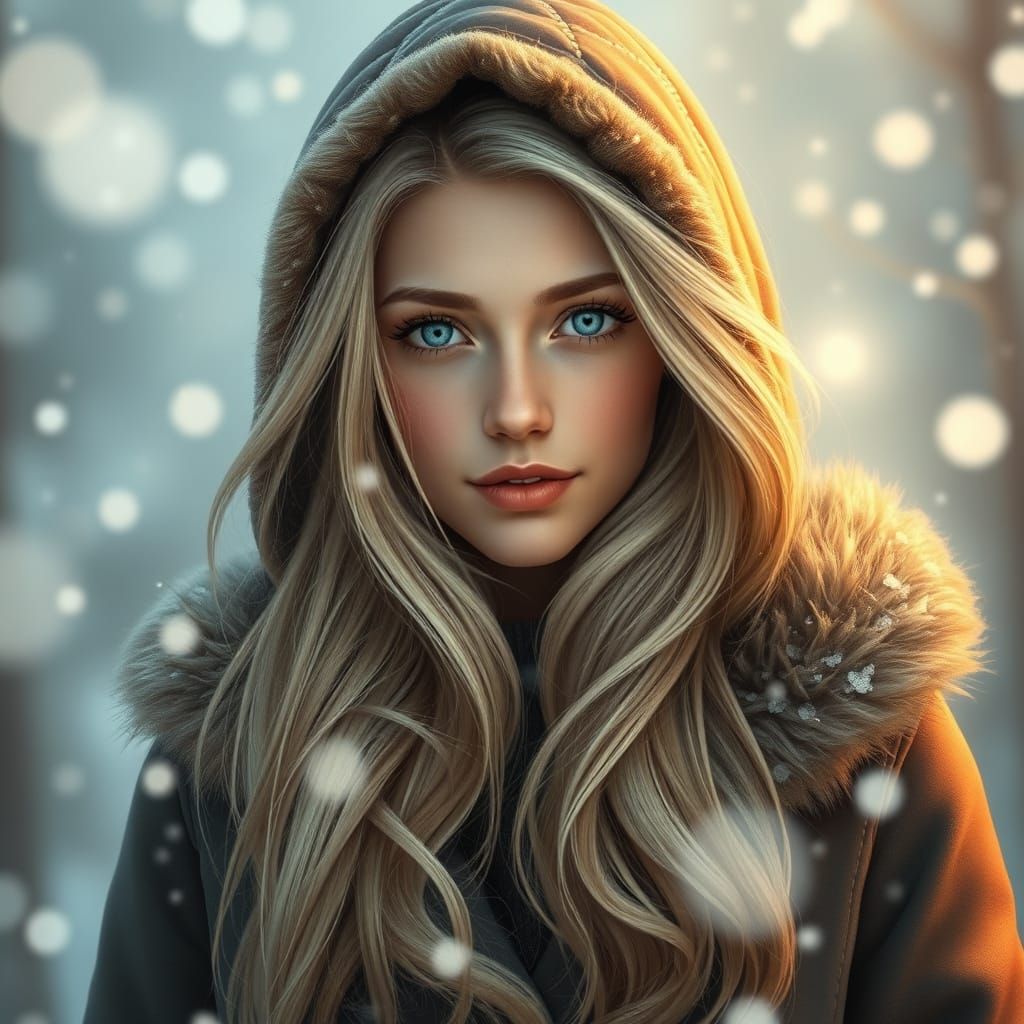 portrait of a woman with long, light hair, wearing a cozy hooded jacket with a fur collar. Snowflakes fall around her, c...